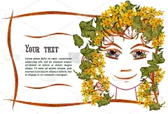 邀请与女孩的脸部轮廓的照片，贴花制成的花和叶与文字的地方