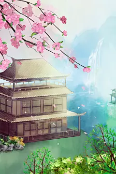 古风山水建筑凉亭荷花风景点插画海报背景