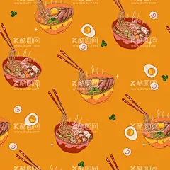 拉面图案  - 源文件下载【酷图网】无缝,印花,循环,连续,图案,数码,布料,拉面,拉面插画,卡通拉面,素材,元素,插画,插图,矢量,图片,拉面图案,可爱,海报素材,背景,手绘,拉面元素,拉面素材,底纹,平铺,涂鸦,简约,美食,水产,海产品,包装,海鲜,美味,日式料理,日本料理,快餐,面条,一碗,叉烧,橙色,鸣门卷,鱼板,方便面,炸虾