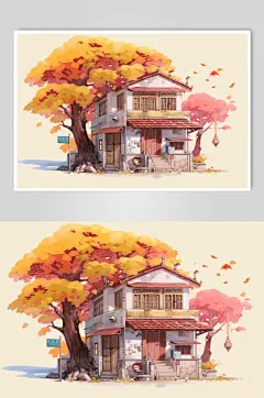 AI数字艺术小卖部落叶手绘建筑秋季插画