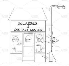 视力不佳的男子撞在眼镜店前的路灯上。幽默在矢量卡通简笔画插图