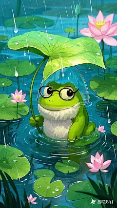 一只超可爱的毛茸茸Q版青蛙戴着眼镜，手拿很大的叶子在荷叶下躲雨，背景荷花池，近景特写，32k高清