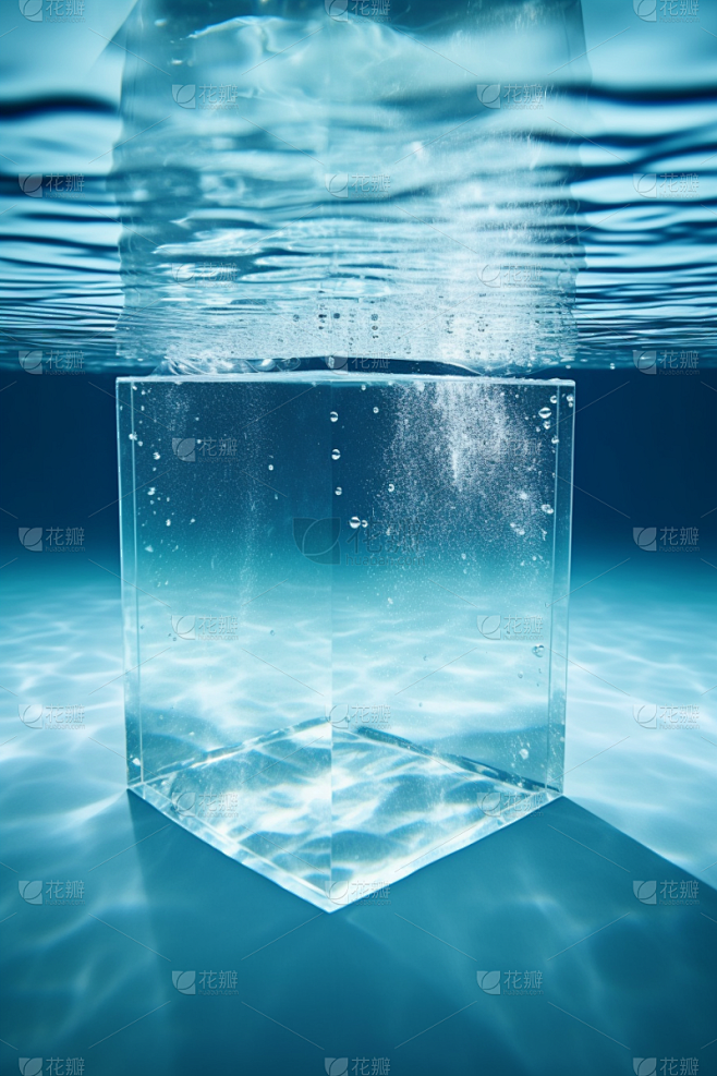 漂浮在水下的蓝色水池中的白纸，具有直线形...