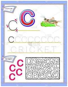用于学习英文字母 C 的儿童的工作表。逻辑益智游戏。培养孩子的写作和阅读技巧。矢量卡通图像.