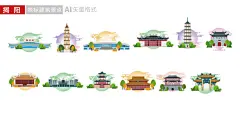 广东揭阳市地标建筑矢量插画素材