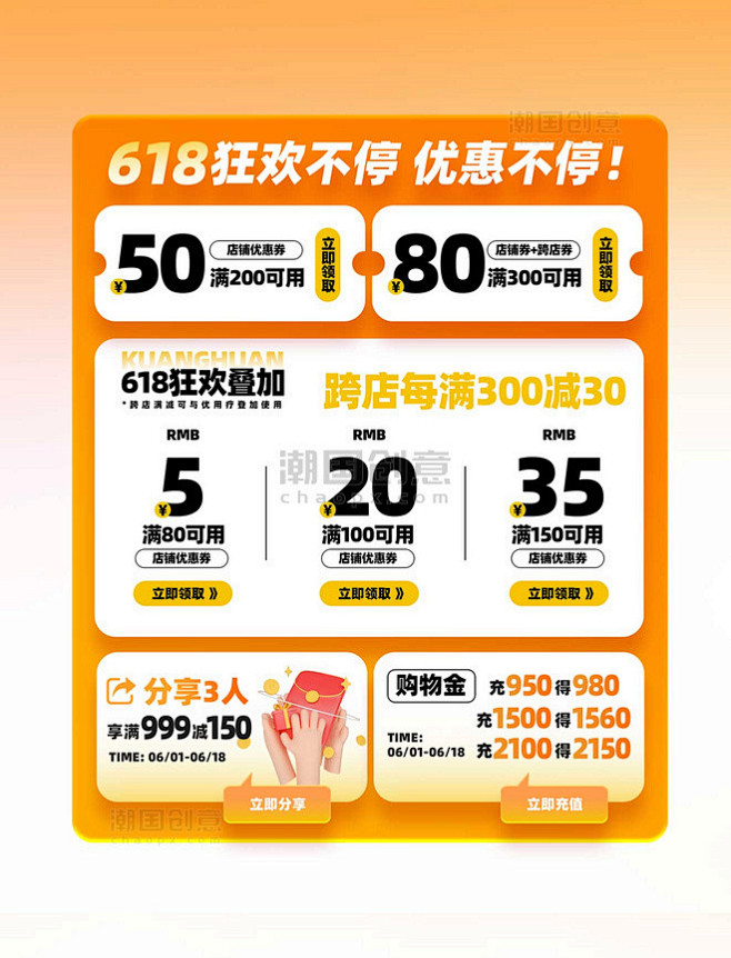 618狂欢不停电商促销优惠券模板设计图片...