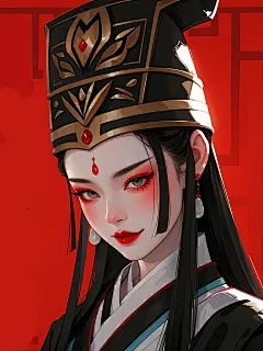 一个美女，戴帽，古中国风，邪魅、慵懒、受伤的面部、嘴角晕开的红色、参考笑傲江湖，东方不败官帽，背景模糊,红色氛围，niji漫画风,厚涂质感，半眯眼，无视，高傲，清冷感，红色氛围感， (1)