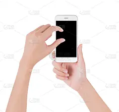 女人手握白色智能手机触摸和捏放大或缩小空白屏幕显示，数字和通信概念，孤立在白色背景。