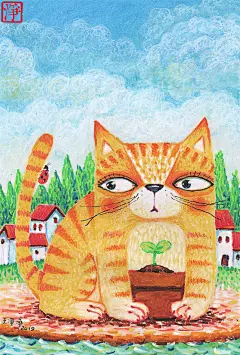 油画棒（蜡笔）绘制的动物插画-花卉插画-古田路9号-品牌创意/版权保护平台