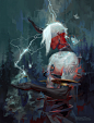 Baraqiel, The Living Vessel, Peter Mohrbacher : The rituals Baraqiel performed were an object of fascination for both men and Angels alike. He brought to them the gift of tamed lightning. Despite the widespread appreciation for the fruits of this work, fe