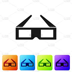 黑色3D电影眼镜图标孤立在白色背景上。设置图标在颜色方形按钮。矢量图