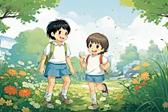 学生放暑假漫画风手绘插画