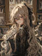 The photo frame at the gallery shows a long-haired blond anime girl with dark and gorgeous Gothic backgrounds, medium transparency, with dark and light gold elements, dressed in exquisite Night Core-style clothes and stone patterns, full of romance and sc