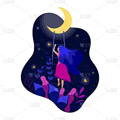 Beautiful woman is climbing the stairs to the moon