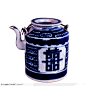 中华传统工艺品-蓝色喜字花纹的茶壶