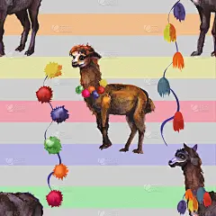 水彩羊驼野生羊驼无缝图案。喇嘛是南美的象征。可爱快乐的羊驼手绘插画创意绘画背景