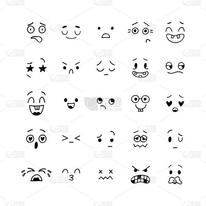 手绘着滑稽的笑脸。Emoji图标。画的面部表情设置。卡通人物的集合。快乐的Kawaii风格。矢量说明