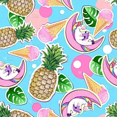 夏季用独角兽和凤梨无缝图案。Zine文化风格夏日裁剪背景