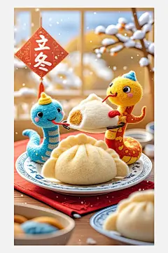 立冬海报设计羊毛毡3D卡通餐盘上