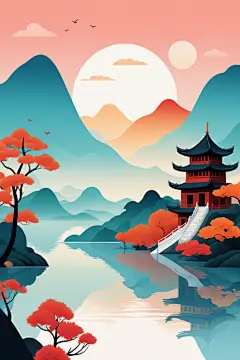 古韵禅意山水国潮山水插画背景图