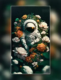 宇航员在鲜花环绕的草地上俯视图插画