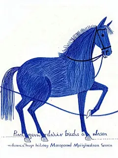 灵魂画手，手绘线稿，涂鸦风格，简约，普鲁士蓝色线勾勒，线描画 家马，趣味绘本，采用雷蒙德·布里格斯（Raymond Briggs）和马蒂亚斯·阿道夫松（Mattias Adolfsson）风格的插画，，运用彩铅与水彩混合媒介创作，。，…手稿，大师杰作，白色背景