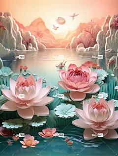 莲花工艺纸插图玉，风景，乌云，中国风，水彩画海报