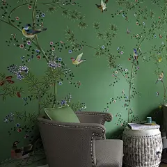 王室手绘养眼绿底色牡丹花鸟墙纸 个性定制牡丹花鸟壁纸-淘宝网