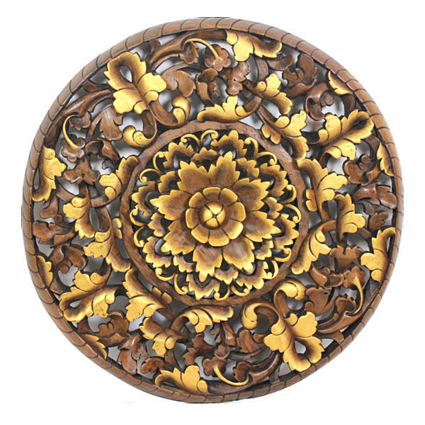 东南亚风格家居饰品圆盘双色柚木花纹镂空板