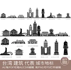 台湾剪影旅游设计手绘建筑地标景点插画城市天际线条稿线描素材