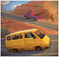 Van car journey crash coyote Armadilo wolf cactus roud sand