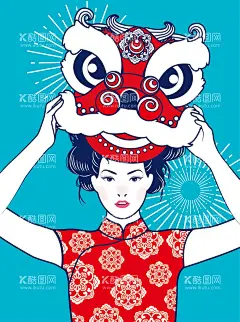 国潮风舞狮子  - 源文件下载【酷图网】国潮风,舞狮子,女旗袍,红色旗袍,矢量图女人物,矢量图,