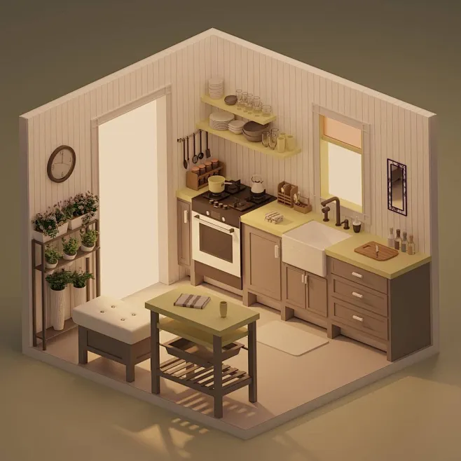 艺术家Nourhan.Ismail的3d 简约温馨小房间场景-花瓣网
