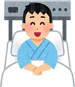 在病床上的病人的插图，其表情多种多样，包括微笑、愤怒、哭泣和大笑medical_nyuin_man_laugh贴纸扁平儿童插画元素卡通免扣png图片素材