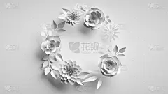 3d渲染，抽象的白色背景与纸花和叶子的圆花环，鲜花贺卡模板，纸工艺，植物墙纸