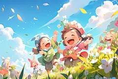 白云春游儿童插画图片