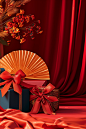 红色礼盒场景背景-Gift, golden fans and bow on red curtains, in the style of paper sculptures, vivid color blocks, gongbi, rtx, warm color palettes, sharp & vivid colors, sanriocore