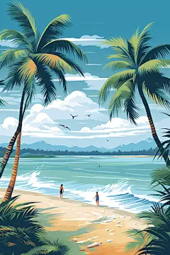 扁平风夏季海边旅行人物插画