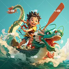 男孩骑龙舟，8k 3d风格，详细的人物设计，俏皮的人物设计，
