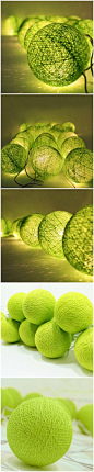 Fulfilldream出品的这款绿色棉球灯直径6厘米，每个灯的表面织有草绿色棉线，一串20个，通过一根白色电线相连，专为夜间室外舞会设计，同时也适用于室内装饰。柔和的绿光给夜晚带来无限生机