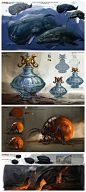 #材质# #材质表现# 来自新加坡的概念插画师DONGJUN LU（陆东俊）作品，金属、木质、骨质、石材、火焰、冰雾等各种材质的刻画和表现得心应手，主页O网页链接