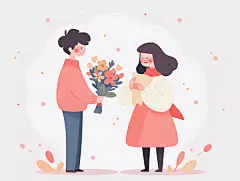 情侣男孩给女孩送花场景唯美浪漫情人节爱情双人手绘插画温馨氛围感场景海报七夕人物插画扁平