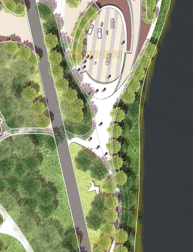 竞赛风格滨河公园景观设计彩色总平psd分层源文件公园彩平ps素材淘宝