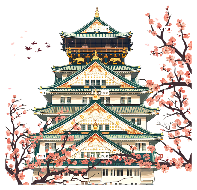 大阪城天守阁樱花石楼-樱花盛开的城堡式建...