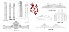 国风重庆 城市印象地标建筑城市天际线矢量线条素描插画建筑群