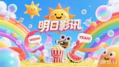 jimeng-2025-06-10-494-泡泡音乐节海报主视觉，充满夏日感，搞怪趣味元素拉满!可爱3d风格，主标题位于画面中心正上方，用显眼字体灵动夸张变形写着“明日影讯“，一个放映机和爆米花可乐，