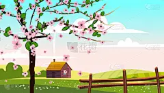 美丽的乡村风景农舍篱笆绿树成荫，绿山田野，大自然，蔚蓝明亮的天空。春、夏乡村风景全景农业、农耕.矢量