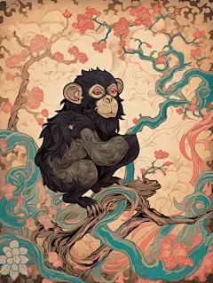 国画复古中国风十二生肖猴年动物纹样插画