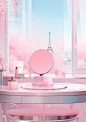 this mirror is displayed in a room with a big window, in the style of kawaii aesthetic, vignettes of paris, fujifilm eterna vivid 500t, coastal views, pink, photorealistic renderings, distinct stylistic range