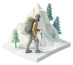 徒步旅行者徒步雪山自然徒步装备—穿着徒步装备的男子在雪山上行走